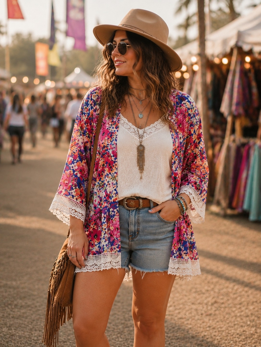Umgee Multicolor Floral Open Cardigan with Lace Trim SZ 1XL